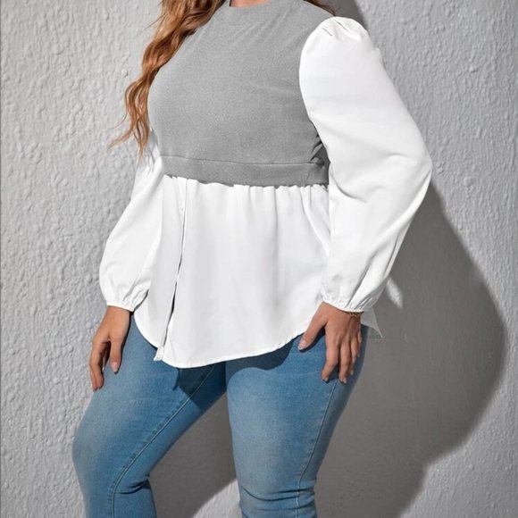 Grey and White Long Sleeve Colorblock Lantern Sleeve Blouse - Picture 4 of 5